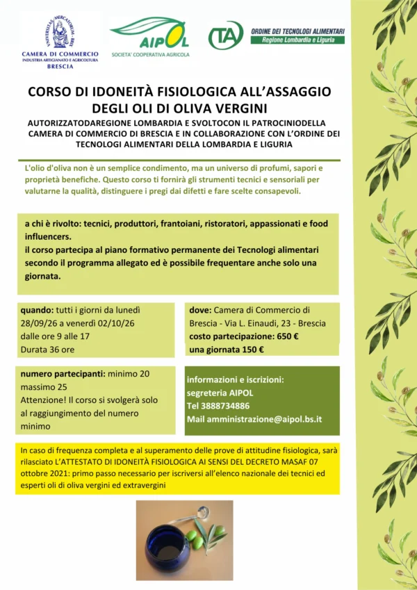 Volantino del corso di idonietà fisiologica all'assaggio degli oli di oliva